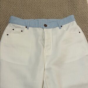 White Jeans with Blue Striped Waistband,Boot cut.
